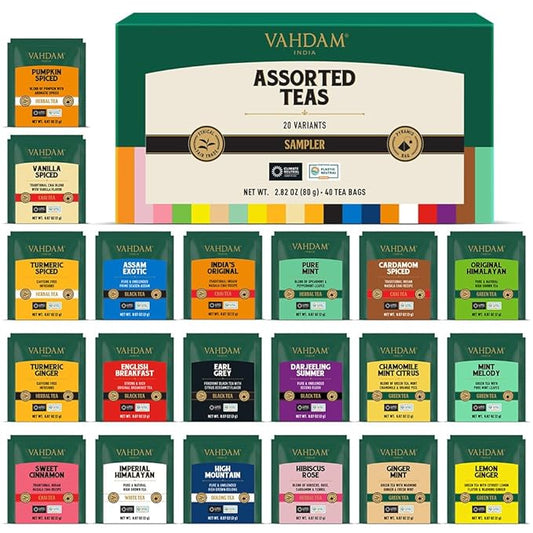 VAHDAM, Assorted Tea Sampler (20 Delicious Variety, 40 Individually Wrapped Pyramid Tea Bags) Long Leaf Premium Teas I Tea Gift Set I Valentines Day Gifts Ideas for Tea Lovers