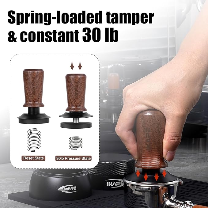 IKAPE 51mm Espresso Tamper, Spring-loaded Calibrated Tamper with Walnut Handle, Titanium Ripple Plating Base, Fits for 51 Espresso Machine Bottomless Portafilter