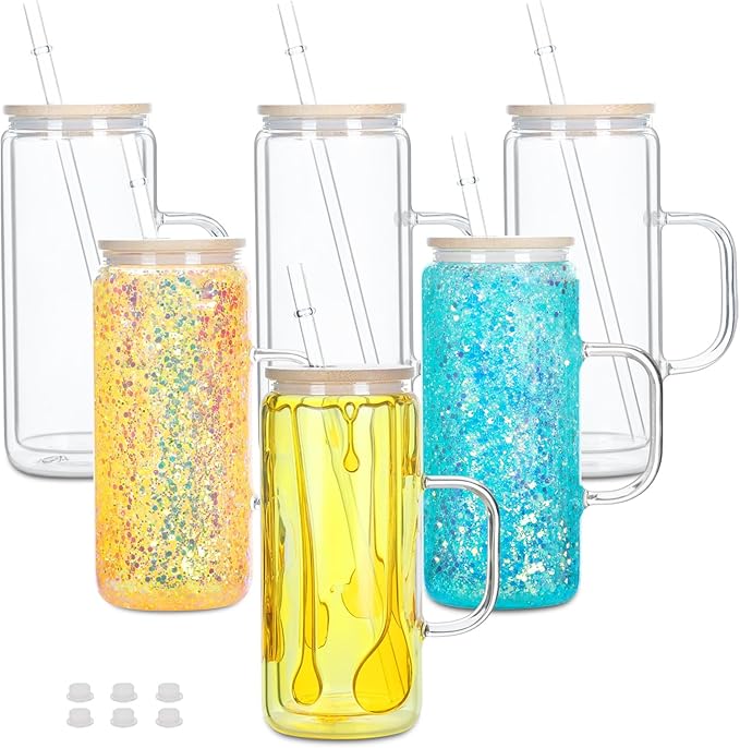 20 Oz Glass Snow Globe Tumbler with Handle, 6 Pack Pre-Drilled Double Wall Snowglobe Cup Coffee Mug for DIY Glitter Snow Globe, Outside 20 Oz Inside 16 Oz