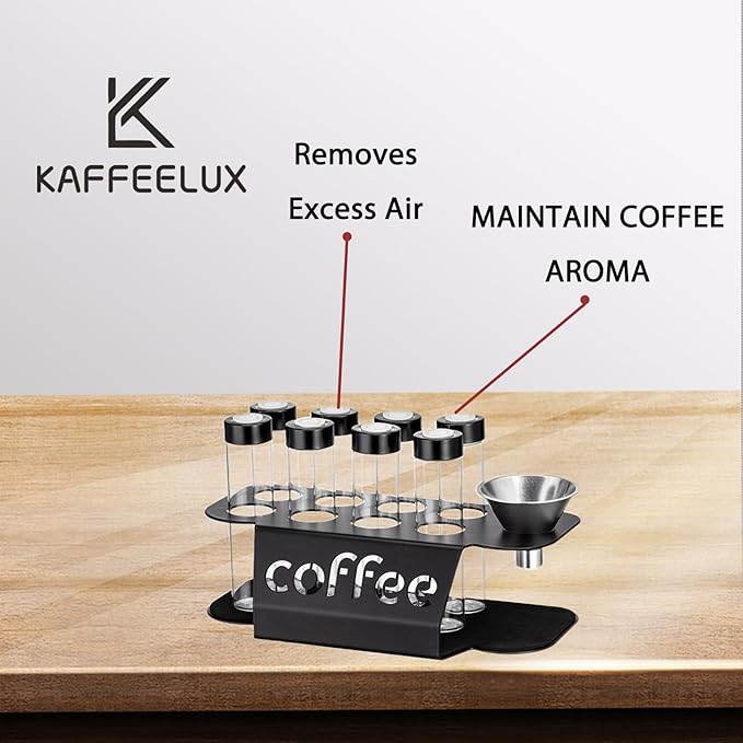 8-Piece Vacuum Coffee Canister Set (2-Layer Stand) – Airtight Jars + Funnel for Coffee Enthusiasts & Cafés | Fresh Bean/Tea Storage for Kitchen Countertops