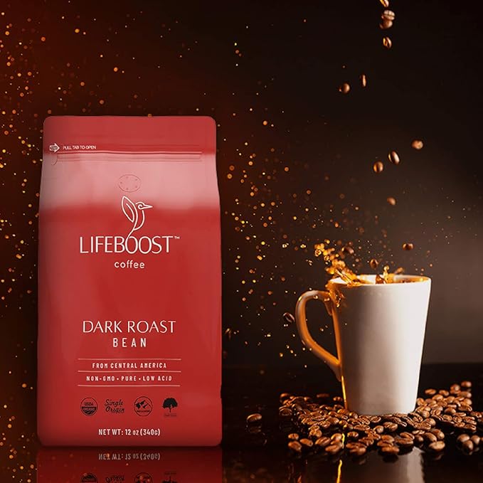 Lifeboost Dark Roast Whole Bean Coffee - Low Acid Organic Coffee, Non-GMO, USDA Organic, Single Origin, Third-Party Tested for Mycotoxins & Pesticides - 12 oz, Pack of 3
