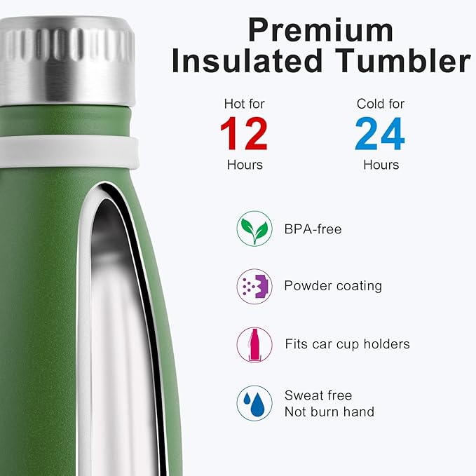 koodee Water Bottle-17 oz Stainless Steel Double Wall Vacuum Insulated Water Bottle BPA Free, Leak Proof Sports Water Bottle for School(Grass Green)