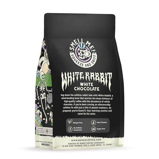 Bones Coffee Company White Rabbit, White Chocolate Flavored Coffee, Medium Roast Low Acid Arabica Beans Compatible with Auto drip and French Press Coffee Maker, 12 Oz Ground