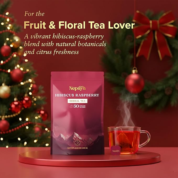 Hibiscus Raspberry Herbal Tea Bags, Caffeine Free Pyramid Tea Bags, Fruity Berry Blend with Rosehip, Lemongrass & Orange Peel, Hot or Ice Tea, 50 Biodegradable Bags