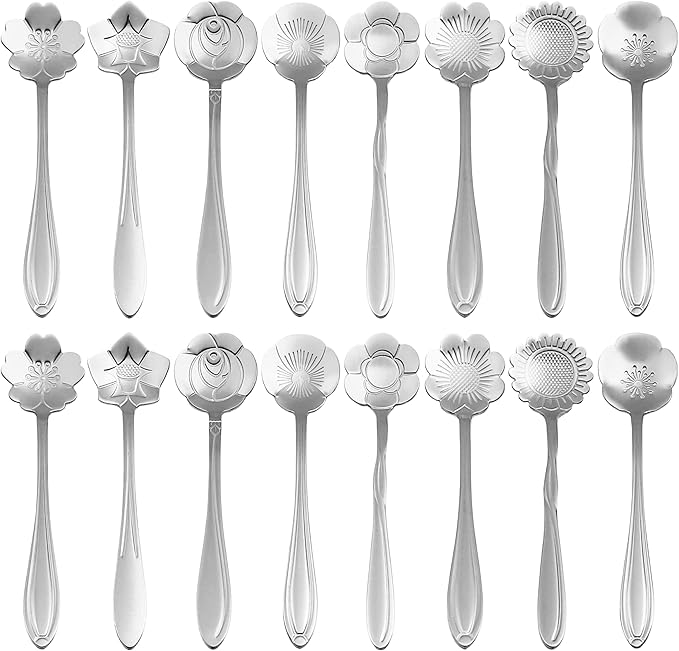 16 Pieces Tea Spoon Coffee Teaspoon Set, PBIEHSR Stainless Steel Flower Spoons for Stirring Drink Mixing Milkshake Jam