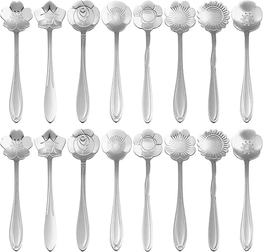 16 Pieces Tea Spoon Coffee Teaspoon Set, PBIEHSR Stainless Steel Flower Spoons for Stirring Drink Mixing Milkshake Jam