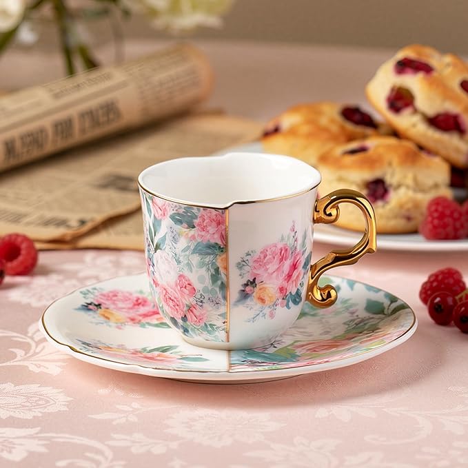 KAMMAK Tea Cups and Saucers Set of 2, Porcelain Coffee Cups, 4-Ounce Stackable Espresso Mugs, Ceramic Demitasse for Coffee, Latte, Americano, Tea, Western Peony