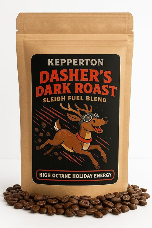 Kepperton Dasher’s Dark Roast Coffee Funny Holiday Coffee Gift, Sleigh Fuel Blend for Coffee Lovers and Reindeer Fans Teacher Stocking Stuffer Reindeer Stuff
