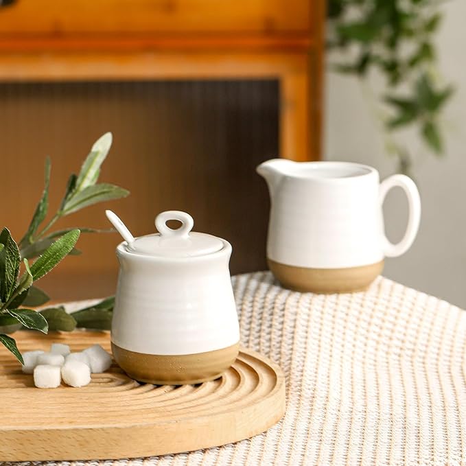 Ceramic Sugar and Creamer Container Set of 3,10 Ounce Cream Pitcher,11 Ounce Sugar Bowl with Lid and Spoon,Farmhouse Coffee Bar Accessories Set for Serving,Microwave & Dishwasher Safe,White