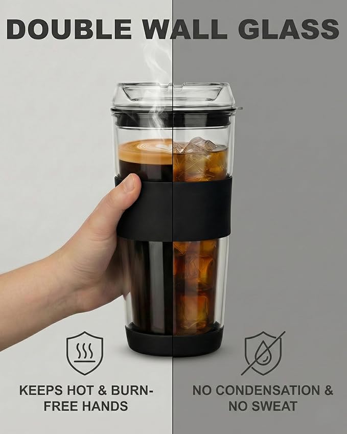 14oz Double Walled Glass Coffee Tumbler with Full Glass Lid & Silicone Sleeve - Non-Slip Insulated Travel Mug with Protective Bottom Bumper - 100% Plastic-Free