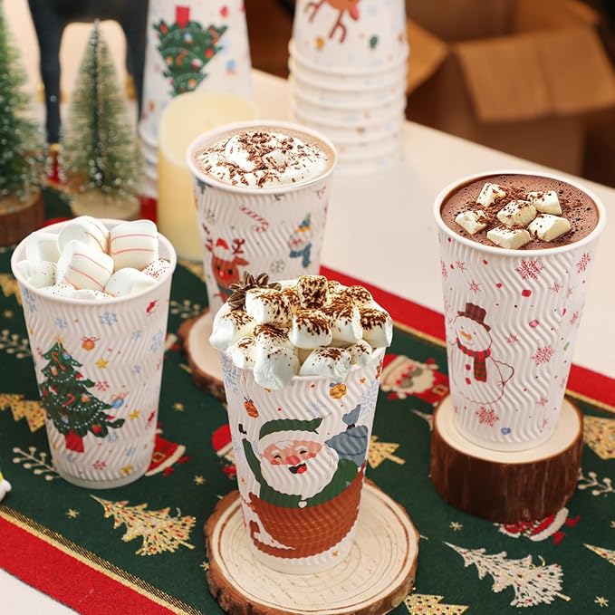BYSNOW 100 Count Christmas Paper Cups, Xmas 16 oz DisposableCoffee Cups Snowflake Santa Snowman Elk Christmas(16oz 100Count)