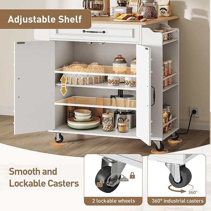 Kitchen Island with Power Outlets & Drop Leaf, Rolling Kitchen Cart on Wheels, Kitchen Storage Island with Spice Rack and Drawer, Mobile Island Table for Kitchen, Dinning, White and Natural