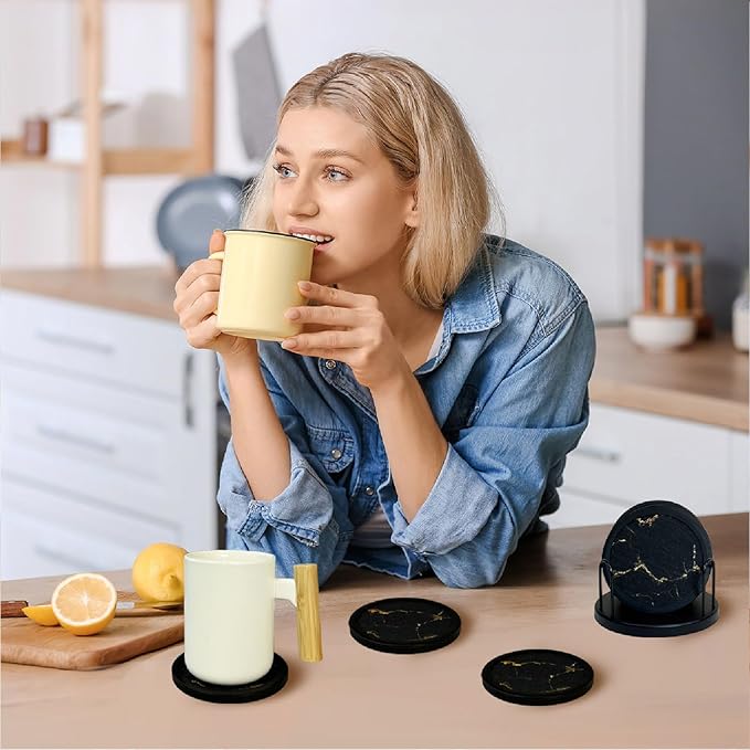 Set of 6 Non-Slip Silicone Coasters with Holder, Double-Sided Absorbent for Hot/Cold Drinks, Scratch & Water Ring Protection for Wood Tables, Home Office Bar, Black Gold Marble (Black Gold Pattern)