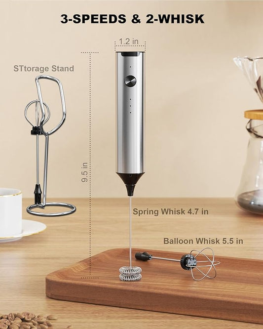 Rechargeable Milk Frother with Stand, Handheld 3-Speeds Coffee frother with 2 Whisks, Electric Frother Wand for Coffee, Latte, Cappuccino, Hot Chocolate, Matcha and Egg Mini Frother, Silver