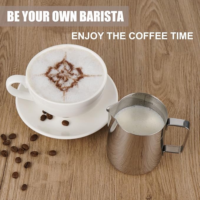 Milk Frothing Pitcher, Thicker Version 20oz Espresso Steaming Pitchers Stainless Steel Cappuccino Coffee Machine Accessories Barista Tools Steamer Pitchers Milk Jug Cup with Decorating Pen Latte Art