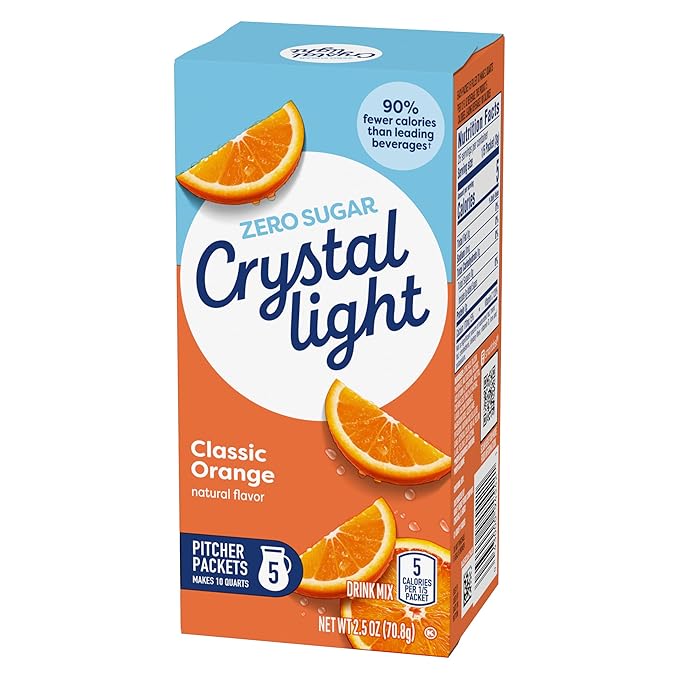 Crystal Light Drink Mix, 5 Pitcher Packets, for Flavorful Hydration and Shareable Refreshment, Classic Orange Natural Flavor, Zero Sugar, Low Calorie, 2.5 oz