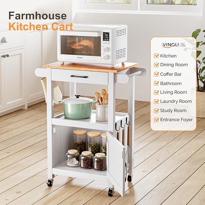 VINGLI Small Kitchen Island Cart on Wheels with Storage, Rolling Kitchen Island with 1 Drawer & 1 Shelf, Towel Rack & Cabinet, Kitchen Island Cart with Storage, White