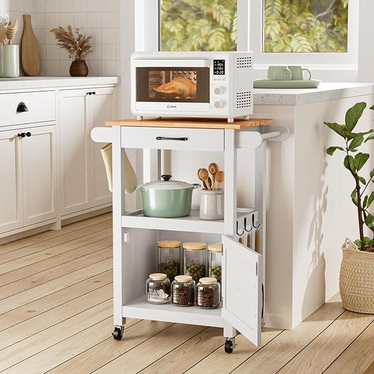 VINGLI Small Kitchen Island Cart on Wheels with Storage, Rolling Kitchen Island with 1 Drawer & 1 Shelf, Towel Rack & Cabinet, Kitchen Island Cart with Storage, White