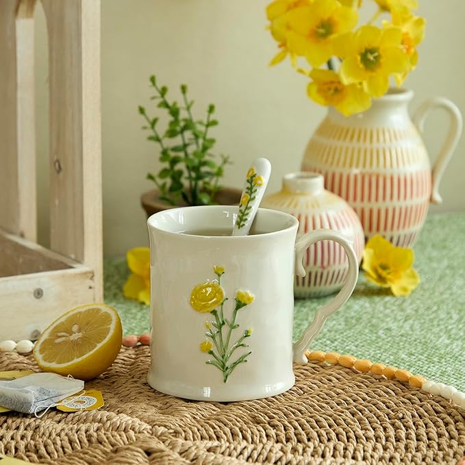 Ceramic coffee Mugs, Set of 1 Yellow Flower - 16oz, Hand-Painted, Microwave heating and dishwasher cleaning available, Ideal for Daily Brews