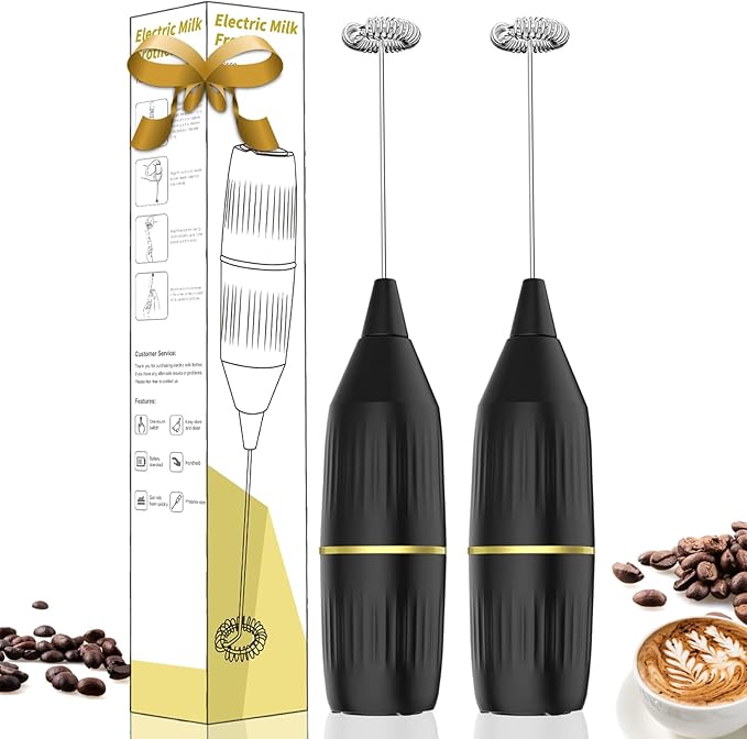 2 Pack Electric Milk Frother Wand (Black) | Powerful Motor for Fast Creamy Froth, Easy Clean | Coffee, Latte, Matcha, Hot Chocolate