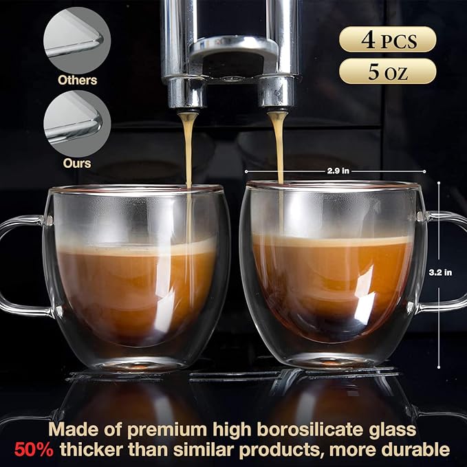 Mfacoy Double Wall Insulated Glasses Espresso Cups Set of 4 (50% Thicker), 5 oz Clear Coffee Cups with Handle, Shot Glasses, Suit for Espresso Machine, Latte, Cappuccino, Glass Coffee Mugs