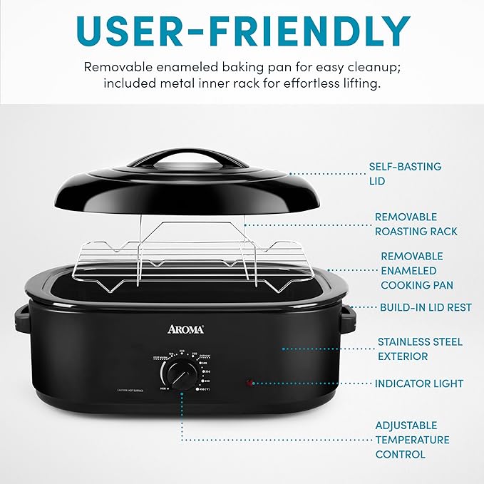 AROMA 18Qt. Roaster Oven with Self-Basting Lid, Fits 22-lb. Turkey, Adjustable Temperature Settings, Keep Warm Setting, Black (ART-718B)