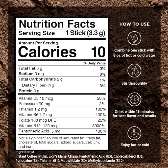 VitaCup Mushroom Coffee Instant Packets, for Memory & Clarity Support, w/Fiber, Chaga, Lion’s Mane, D3, B Vitamins, Medium Roast, 100% Arabica & Robusta Coffee in Single Serve Sticks, 72 Ct