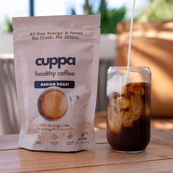Cuppa Medium Roast Mushroom Coffee with Adaptogens & Superfoods - Lion’s Mane, Ashwagandha & Cordyceps. Adaptogens + MCT to support natural energy, mental focus & gut health (60 Servings)