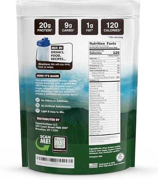 Opportuniteas Grass Fed Chocolate Whey Isolate Protein Powder – 20 g Protein, Heavy-Metal Tested, Made with Organic Cacao & Organic Cane Sugar, Non-GMO, Hormone-Free, Sourced from Ireland, 5 lb