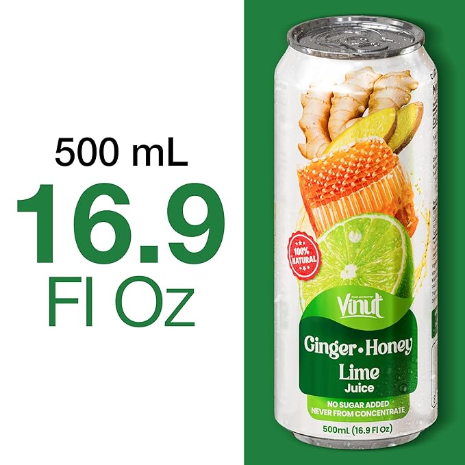 VINUT Ginger, Honey & Lime Juice, 85% Juice, No Added Sugar, Not From Concentrate, 16.9 fl oz (500 mL) Can, Pack of 12