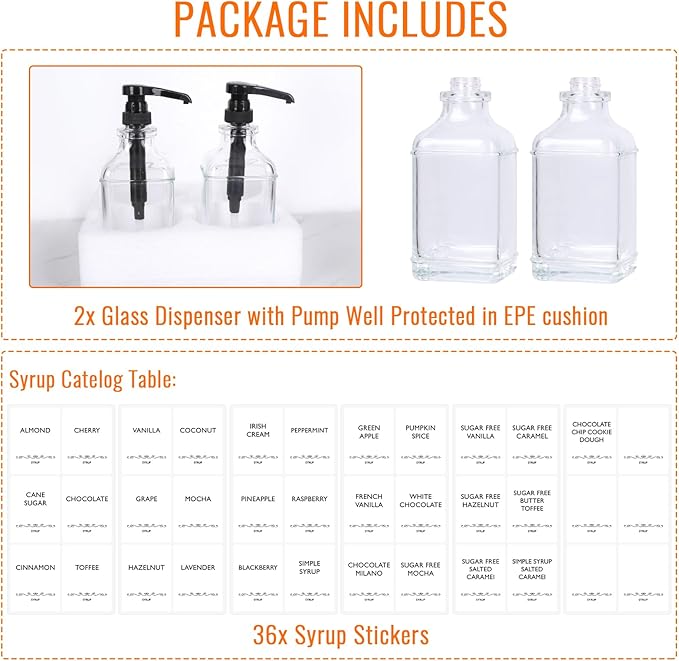 SZUAH 16oz Coffee Syrup Dispensers for Coffee Bar 2Pack, 480ml Glass Syrup Dispensers with Pumps and Stickers for Ketchup,Water and Lotion