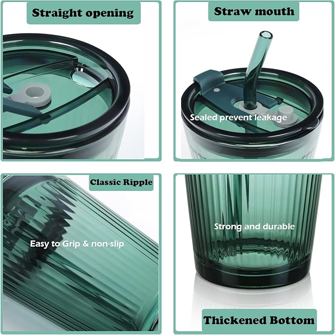 Joeyan Glass Tumbler with Straw and Lid,Green Glasses Water Cup with Straw,Colored Glass Drinking Jars for Juice Beverages Iced Coffee Tea Smoothie Soda Milk,15 oz,Set of 2,Dishwasher Safe