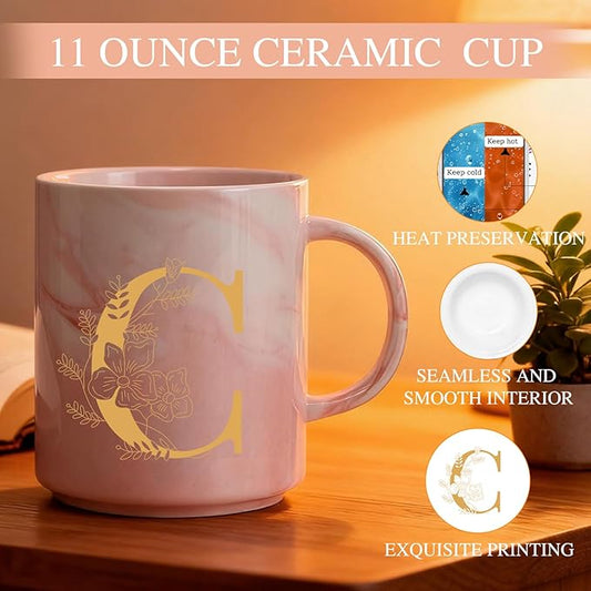 Monogrammed Christmas Gifts for Women, 11 oz Initial Ceramic Coffee Tea Mug with Necklace, Unique Birthday Gift for Her Wife Teacher Friend Mom, C