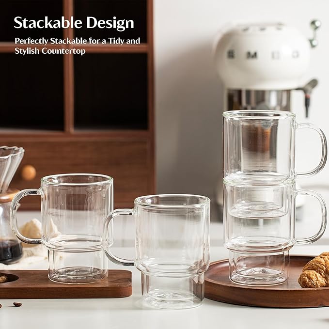 INSETLAN 16oz Double Wall Glass Coffee Mugs Set of 2, Insulated Borosilicate Cups with Handles, Clear Heat Resistant Glasses Mugs for Hot Beverages, Cappuccino, Espresso, Latte, Tea