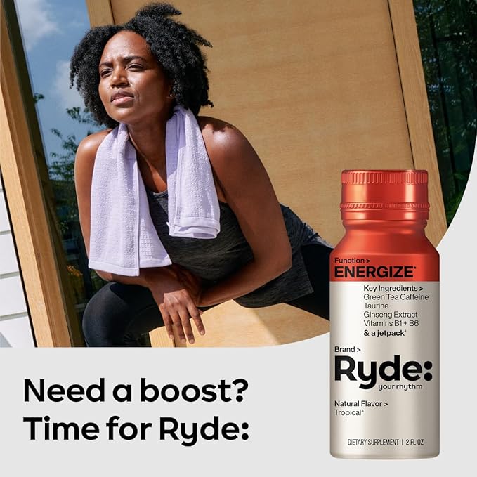 Ryde: Energize Shot | Tropical Flavor | Green Tea Caffeine, Taurine, Ginseng Extract & B Vitamins | 0 Calories, 0 Sugar | 2 FL OZ Shots | Boosts energy* (8 Pack)