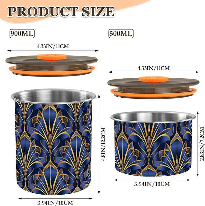 ALAZA Royal Blue & Golden Art Deco Floral Airtight Coffee Bean Canister Customed 500ml Food Storage Containers with Lids For Gournd, Tea, Sugar, Flour, Rice, Cereal, Candy Cookie Jar