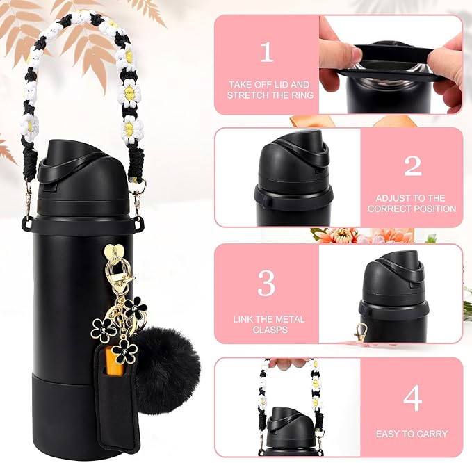 Compatible for Owala Accessories Bundle: Silicone Boot for 24oz & 32oz Bottles, Charms, Handle, Strap, Rubber Bottoms, and Decorative Add-ons for Your Compatible for Owala Water Bottle, Pink
