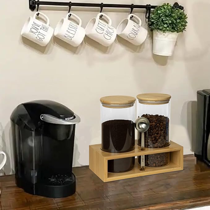 Glass Coffee Containers With Shelf - Coffee Bar Organizer And Accessories, Coffee Jars With Spoon, 2x 49oz Airtight Sealed Coffee Canister For Coffee Bean, Ground Coffee, Nuts