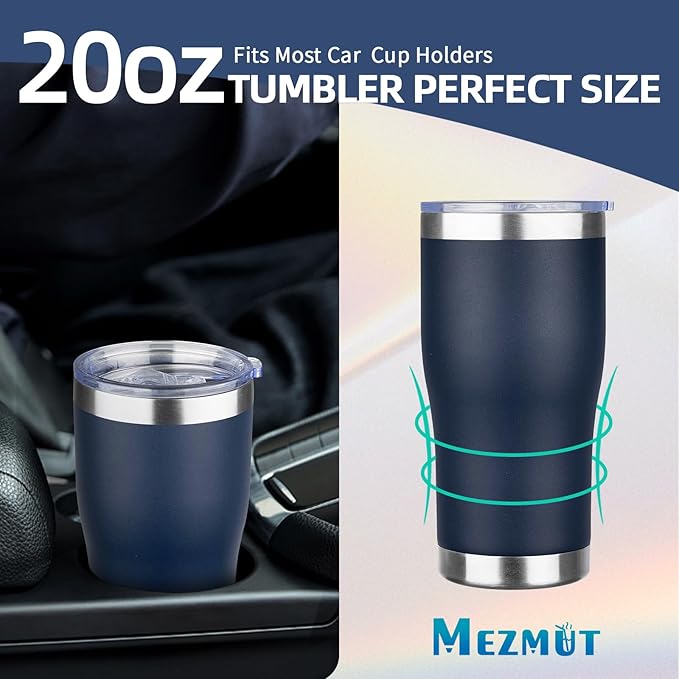 MEZMUT 20oz Coffee Tumbler with Lid and Straw Double Wall Vacuum Insulated Cup Stainless Steel Travel Mugs Insulated for Hot Cold Leakproof Powder Coated Tumbler for Indoor Outdoor(Navy Blue, 4)