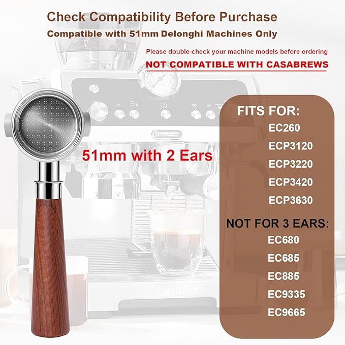 51mm Bottomless Portafilter 2 Ears with WDT Tool & Puck Screen, Stainless Steel Filter Basket and Rosewood Handle, Compatible with Delonghi ECP3420/EC155/EC260, ECP3120/3220/3630