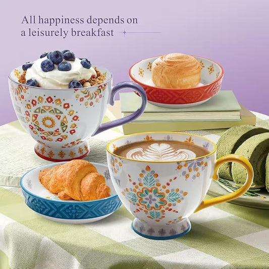 Coffee Mug Set With 2 Coffee Cups 2 Saucers, Underglaze Hand-Painted Vintage Creativetea 15 OZ large Tea Cup For Breakfast oatmeal milk And Cereal Cups