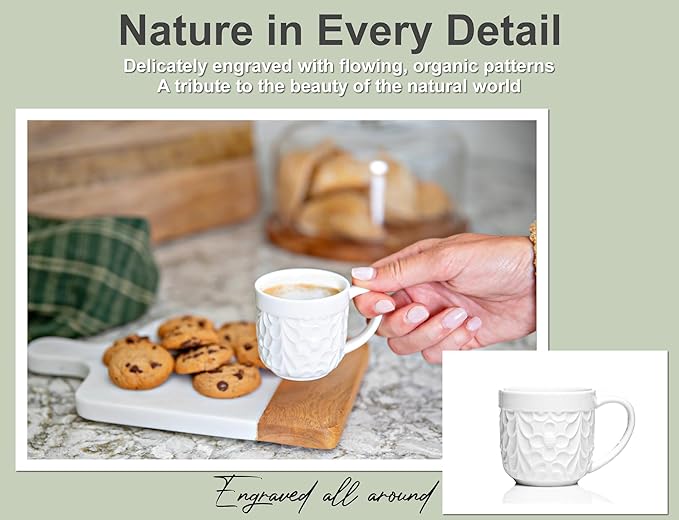 Ceramic Espresso Cups Set of 4 - White Cappuccino Cup with Nature-Inspired Engravings and Comfort-Grip Handle - 3.3 Oz Small Lead-Free Coffee Shot Mugs Safe for Dishwasher, Microwave, Oven, Freezer