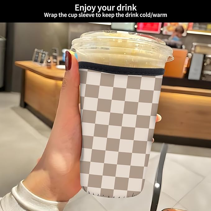 Reusable Neoprene Insulator Sleeve for Iced Coffee Cold Soda Cups, Cute Durable Drink Sleeve for Cold Beverages, Medium 22-28oz Cup Sleeve Cute Checkerboard