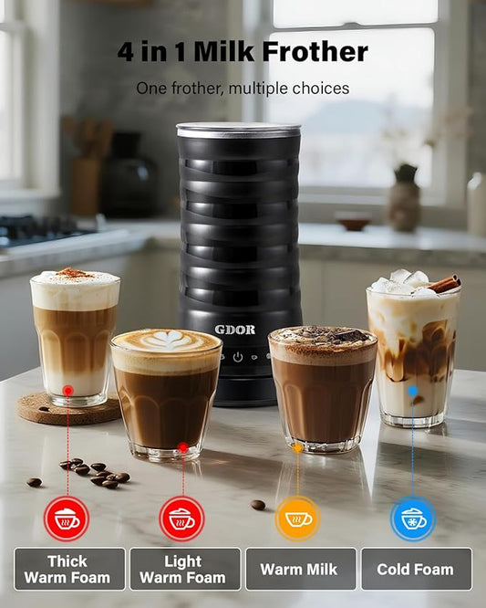GDOR 4 in 1 Milk Frother and Steamer, 10oz Milk Steamer, Cold Foam Maker, Hot Chocolate Maker, Frother for Coffee, Latte, Cappuccino & More, Black