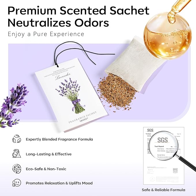 MYARO 12 Packs Lavender Scented Sachets Air Freshener for Drawer and Closet, Long-Lasting Sachet Bag Room Car Odor Deodorizer Fresh Scent Home Fragrance