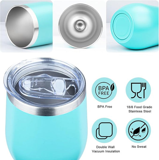 MEZMUT 12 Oz Insulated Wine Tumbler with Lid Double Wall Vacuum Stainless Steel Wine Glass Coffee Mug Insulated Tumbler Cup for Champaign, Cocktail, Beer (Teal, 4 Pack)