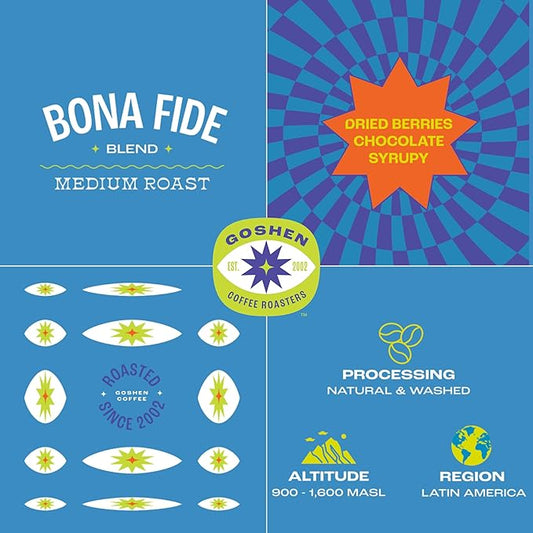 Goshen Coffee Roasters Whole Bean Bona Fide Blend | Medium Roast, Brewed or Espresso | Award-Winning, Natural and Washed | Chocolate, Syrupy, Dried Berry Flavors | 5 lb Bag