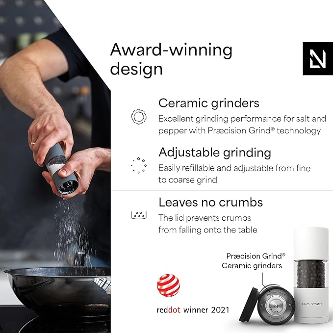 LARS NYSØM Salt and Pepper Grinder Set, Manual Salt and Pepper Mills with Adjustable Ceramic Grinder, Design Spice Shaker Set (Black/White)