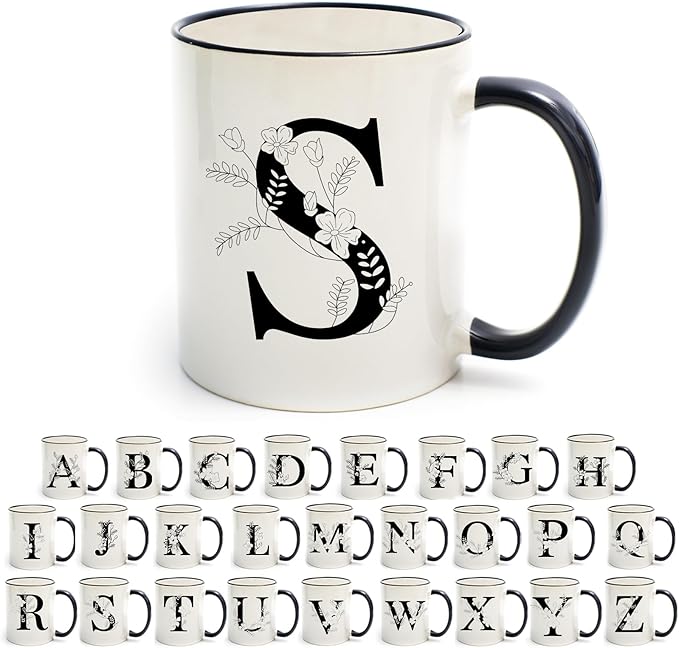 Monogram Ceramic Coffee Mugs, 11 oz Initial Drinking Cup with Gift Box, Unique Birthday Valentines Day Gifts for Women Wife Mothers Day Grandma Mom Aunt, S