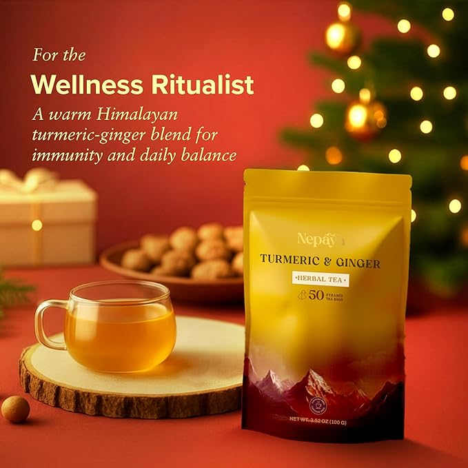 Turmeric Ginger Herbal Tea 50 Count Pyramid Tea Bags From the Himalayas, Caffeine Free, Gluten Free, warm and spicy Taste, biodegradable Tea Bags